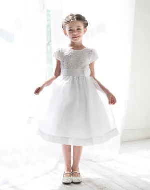 Attractive Lace and Mirror Organza Dress with a Satin Blossom - White